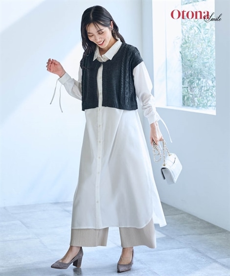 ロング・マキシ丈/半袖 袖ドロストニット使いシャツワンピース OtonaSMILE