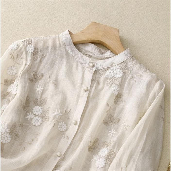 シャツブラウス レディース 40代 きれい 春夏 ブラウス リネン リネンシャツ トップス 七分袖 リネンブラウス 綿麻 夏 チュニック 麻 着心地 大人 刺繍