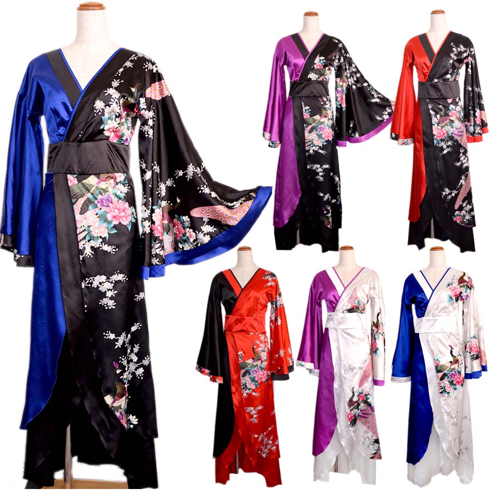 ツートンカラー孔雀和柄ロング着物ドレス キャバドレス レディース 和柄 衣装 ダンス よさこい 花魁