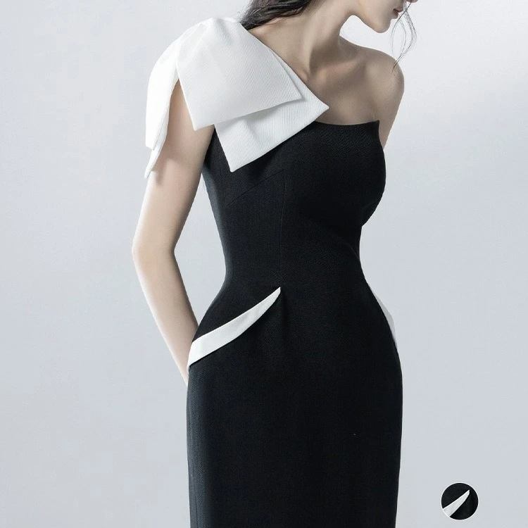 パーティードレス 韓国 ミモレ丈 タイト ワンショルダー ドレス キャバ エレガント 大人 おしゃれ タイトドレス リボン バイカラー 体系カバー