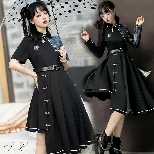 ロリータ チャイナワンピース 中華風 和柄 ベルト付き 半袖 長袖 切り替え ハイウエスト エスニック レディース ワンピース 個性的 原宿系 青文字系 カジュアル ファッション S M L dd02