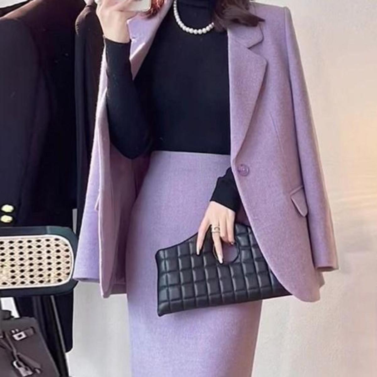 秋と冬の女性のための紫色の小さなフレグランススーツプラスサイズ太mm高級ウールスーツジャケットとスカートのツーピーススーツ