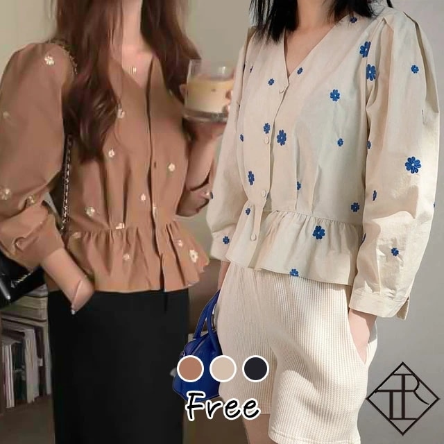 【即納】カットソー レディース 七分袖 大きいサイズ カジュアル 綺麗 可愛い 大人女子 普段使い お出かけ デート ゆるい 花柄 刺繍 ペプラム ブラウス Vネック ふんわり 清楚 ガーリー フェ