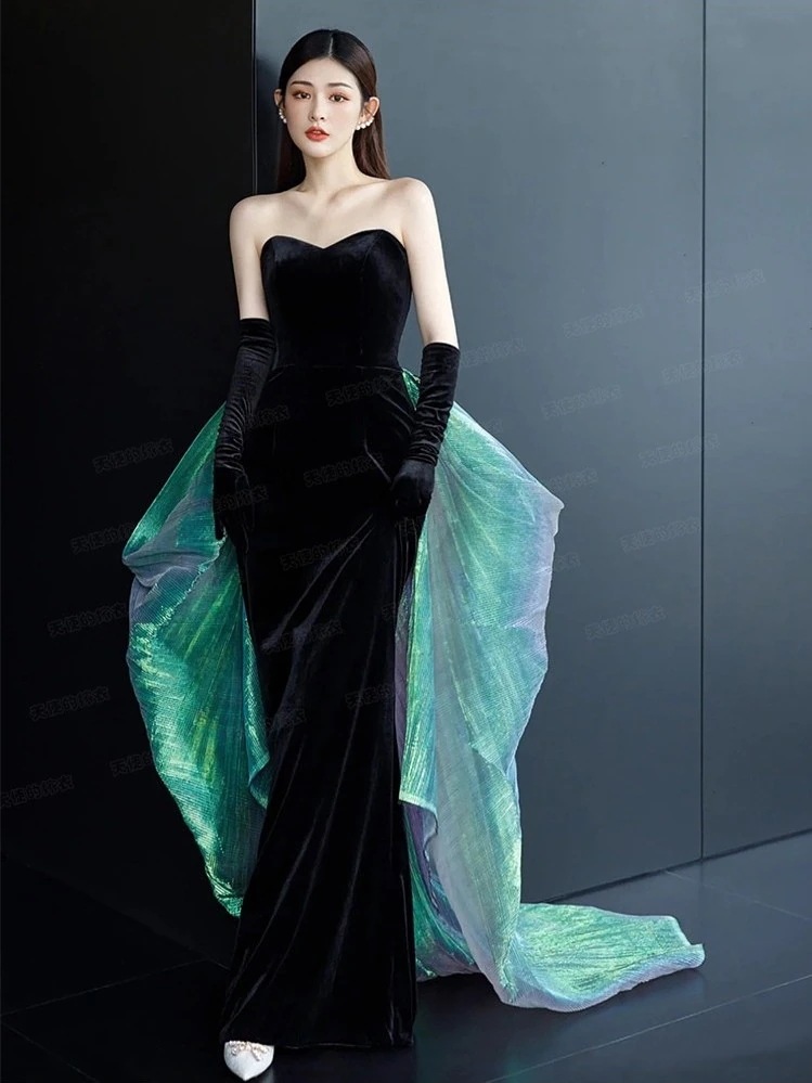 黒ベルベット リボン結び 袖なしの礼服 蛍です バタフライ マーメイドドレス イブニングドレス 結婚式 二次会 花嫁 披露宴 演奏会 発表会 卒業会