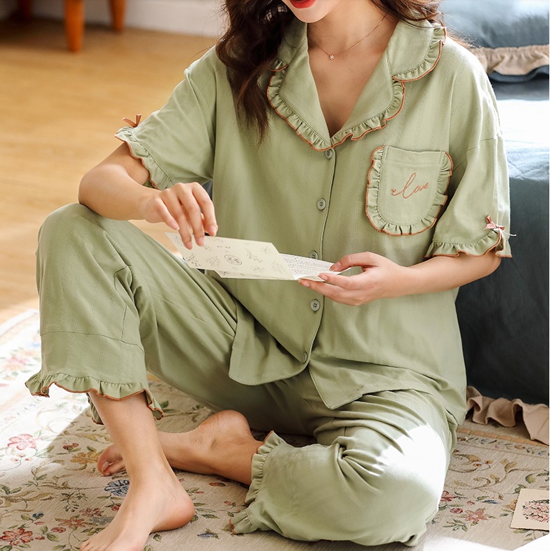 パジャマ ルームウェア 部屋着 寝巻き ナイトウェア ロング ロング丈 袖あり 半袖 Vネック 襟付き ハイウエスト 前開き 綿 ポリエステル かわいい 大人可愛い きれいめ シンプル カジュアル