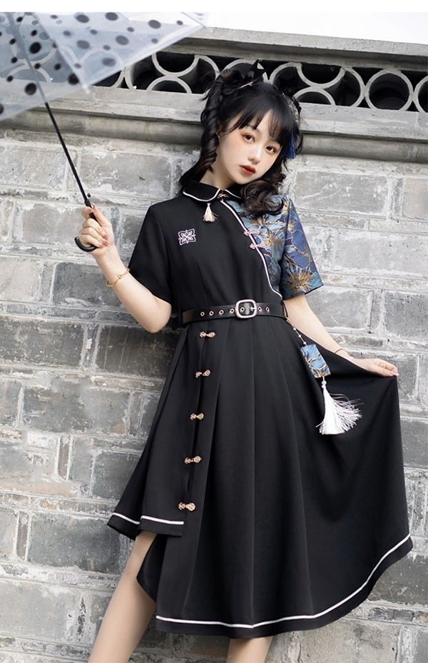 ワンピースドレスプリント柄ワンピ半袖 中華風 ベルト付き M チャイナワンピース ファッション ハイウエスト カジュアル S 長袖 個性的 切り替え L エスニック 原宿系 レディース ロリー