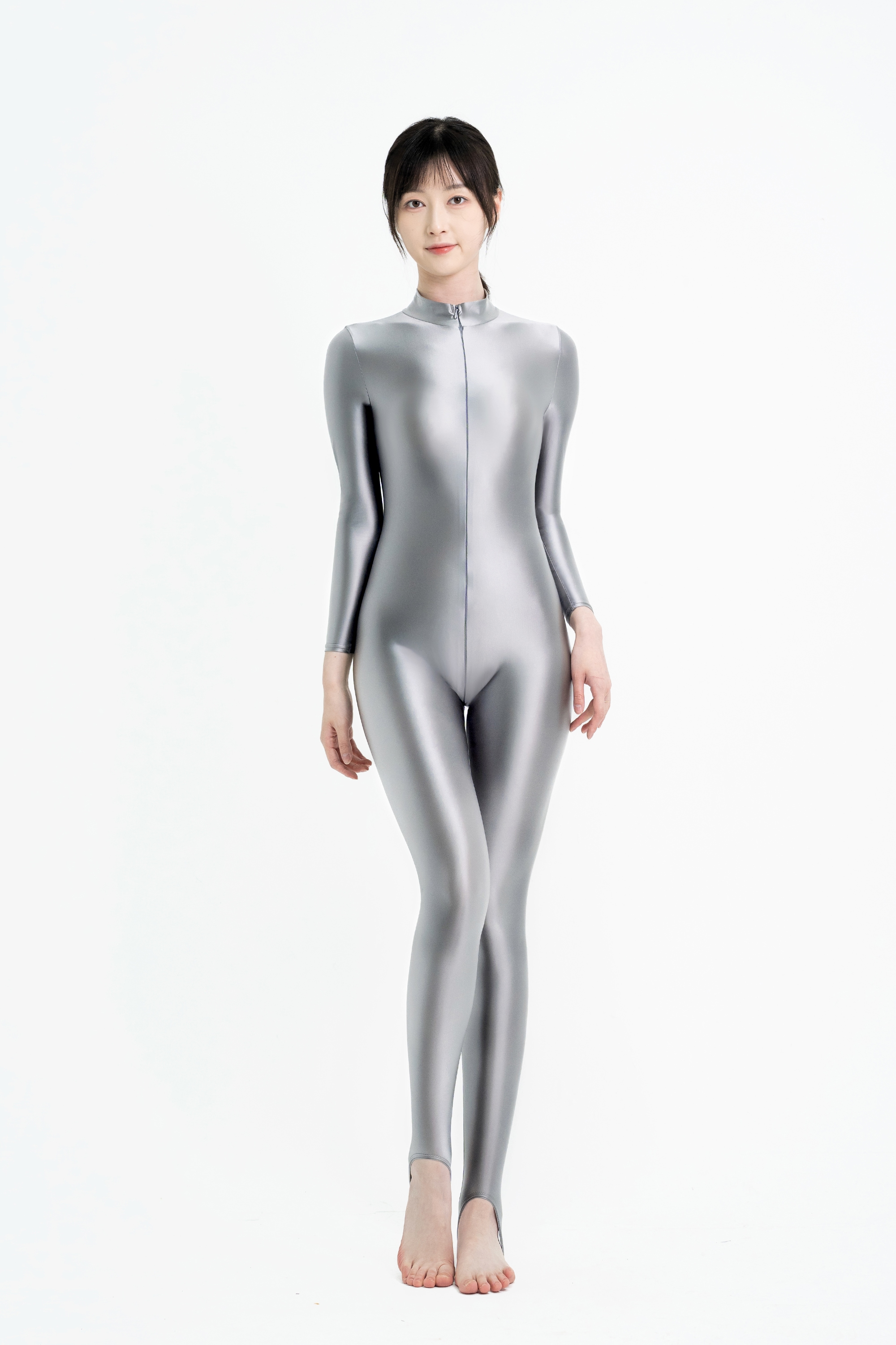 ハイネック全身トレンカタイツ 胸元ロングファスナー 長袖レオタード 伸縮少なめ ストレッチ素材 激密着