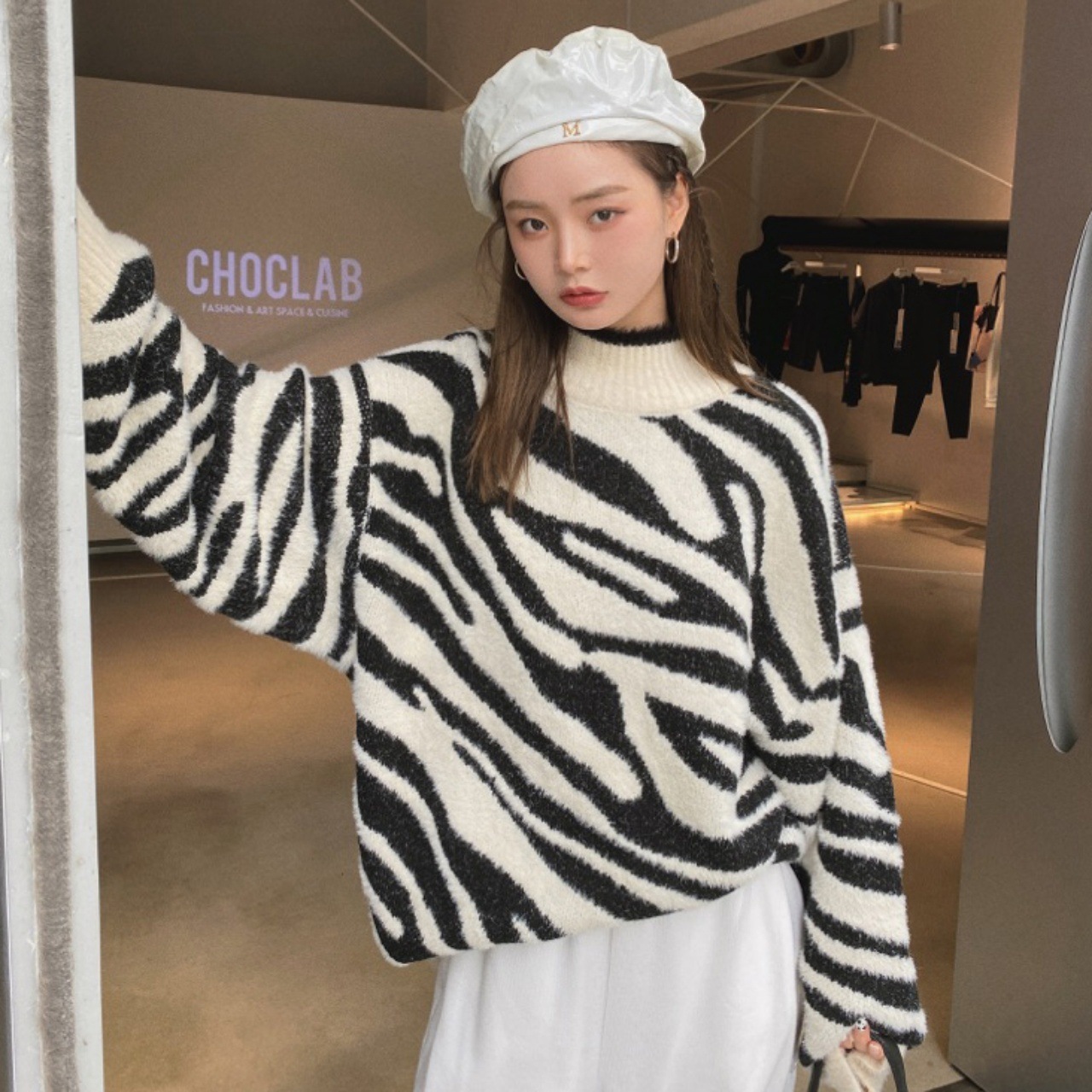 ニット レディース トップス プルオーバー ゼブラ柄 ビッグシルエット ゆったり ゆる パターン