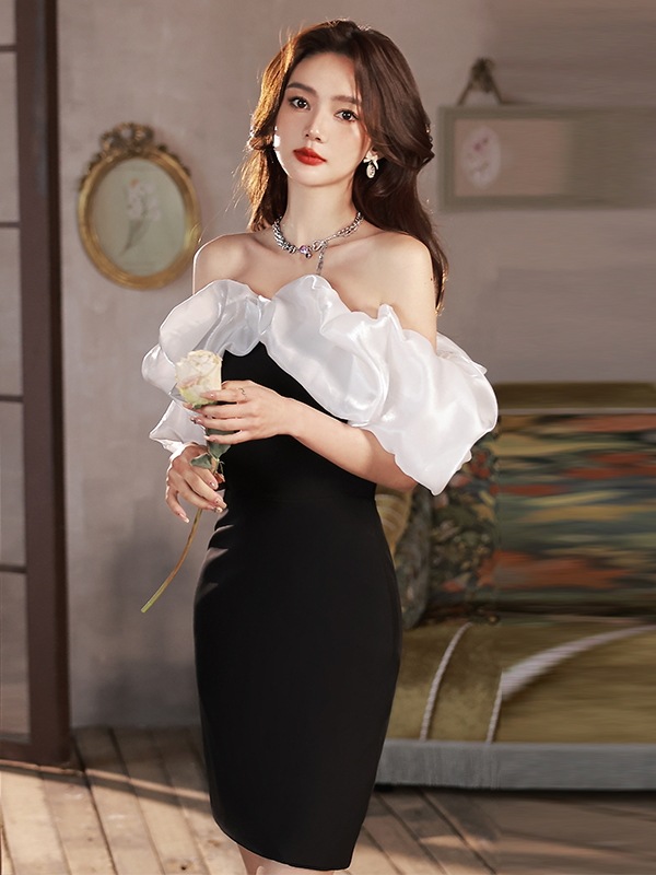 バブルスリーブドレス 軽い豪華な高い宴会のイブニングドレ 気質フレンチワンショルダーリトルブラックドレス パーティードレス ウェディングドレス 結婚式ドレス 6,661円