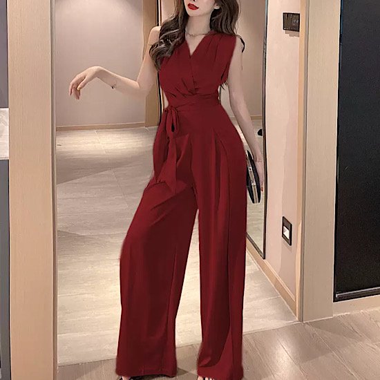 【取寄：納期2週間】パーティードレス ジャンプスーツ パンツドレス Vネック ノースリーブ 無地 ウエストリボン ワイドパンツ スリット 発表会 演奏会 レディース 結婚式 ステージ衣装