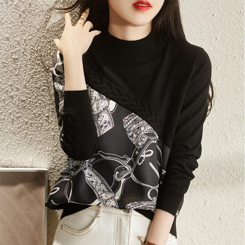 ニット レディース トップス 長袖 ニットトップス プリント 切り替え ショット丈 着痩せ ニットソー プルオーバー おしゃれ 秋冬新作