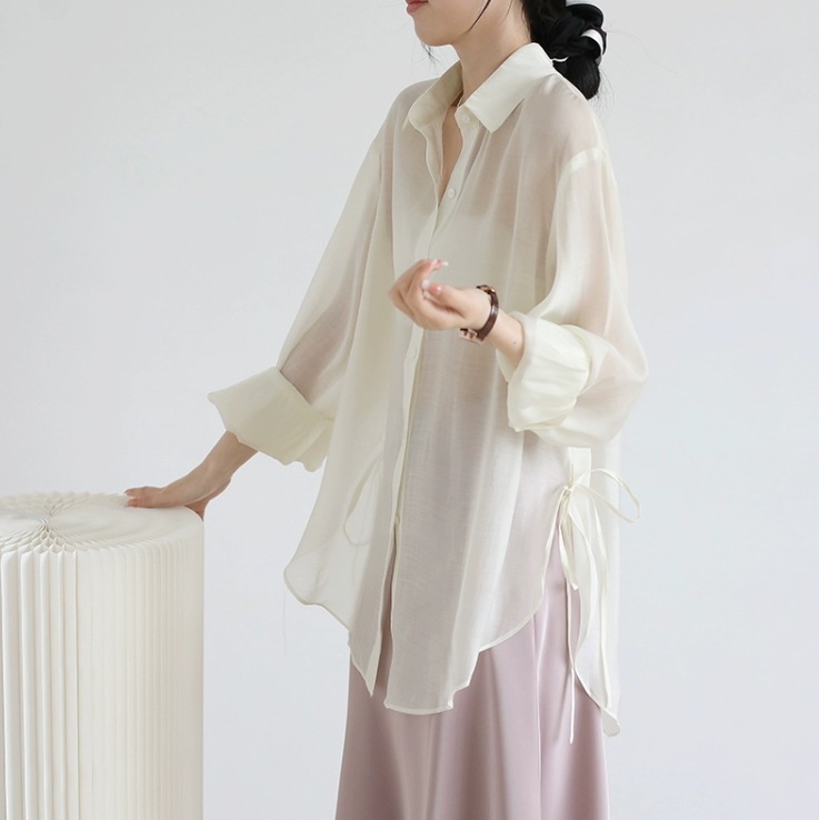 トップス ブラウス 7分丈 日焼け対策 レディース 長袖 襟付き 角襟 ワイド 透け感 かわいい 大人可愛い きれいめ シンプル カジュアル 上品 おしゃれ こなれ感 ガーリー ルーズ ラブリー