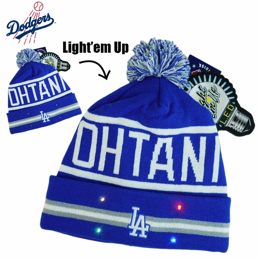 大谷翔平 ニットキャップ ニット帽MLB メジャーリーグ公式グッズ 限定LA DODGERS ロサンゼルス ドジャースライト付き LIGHTEM UPポンポン