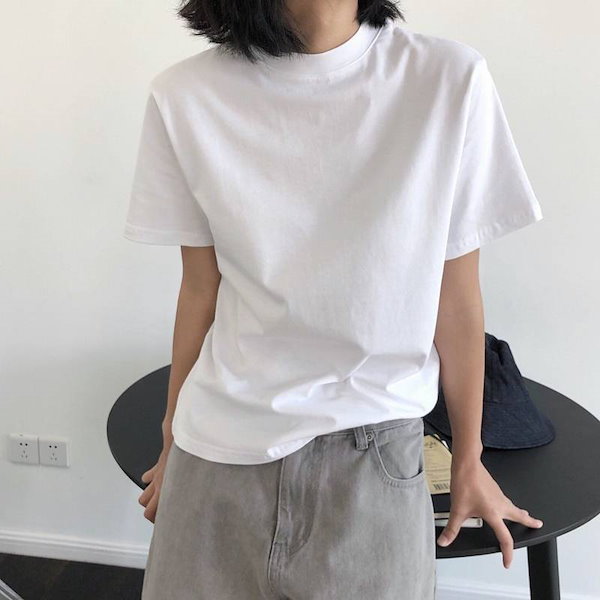 Tシャツ レディース トップス プルオーバー ゆったり ミディアム丈 半袖 ドロップショルダー モックネック 襟付き プチハイネック きれいめ シンプル カジュアル おしゃれ こなれ感 メンズライク
