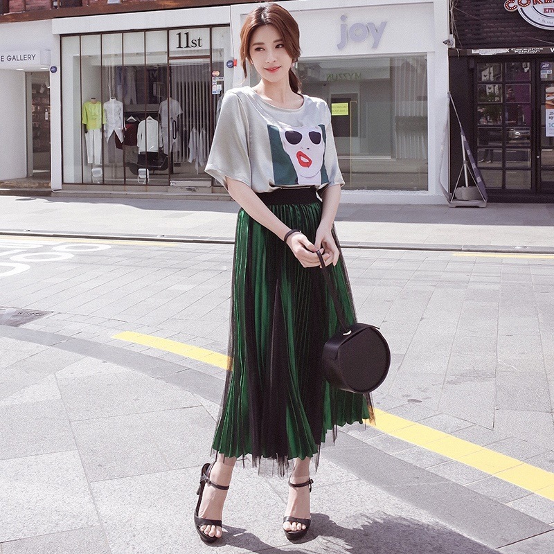 3209.ロング丈 プリーツチュールスカート（グリーン）2019 春夏 無地 かわいい お出かけ 普段使い