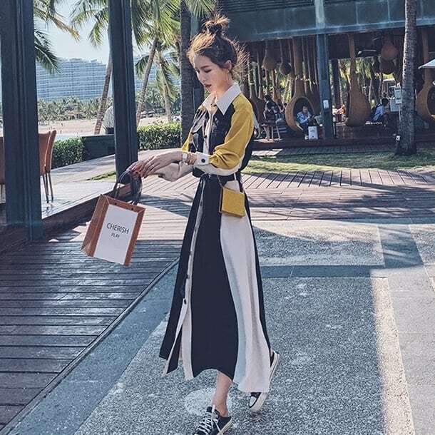 【送料無料】レディース ワンピース ロング丈 マキシ丈 マルチカラー 長袖 襟付き ボタン