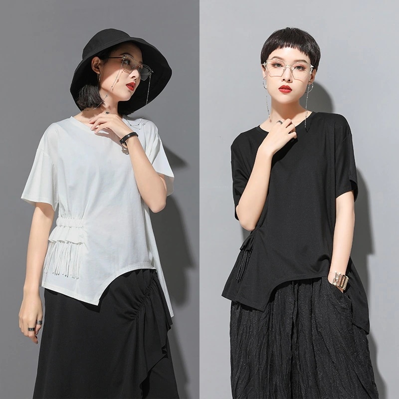 欧米夏婦人服新型半袖tシャツ風切り替えtシャツの不規則大きいサイズ トップス