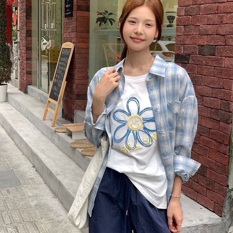 アメリカン 甘くてかっこいい風 灰青 差し色 チェック シャツ レディース 長袖 可愛い カジュアル 重ね着 塩系 アウター605