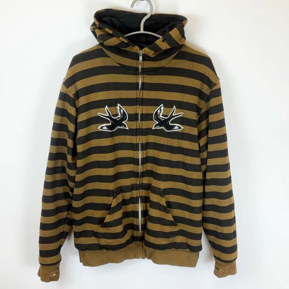 【中古】innes イネス フルジップ パーカー 刺繍ロゴ ボーダー S カーキ ブラック メンズ