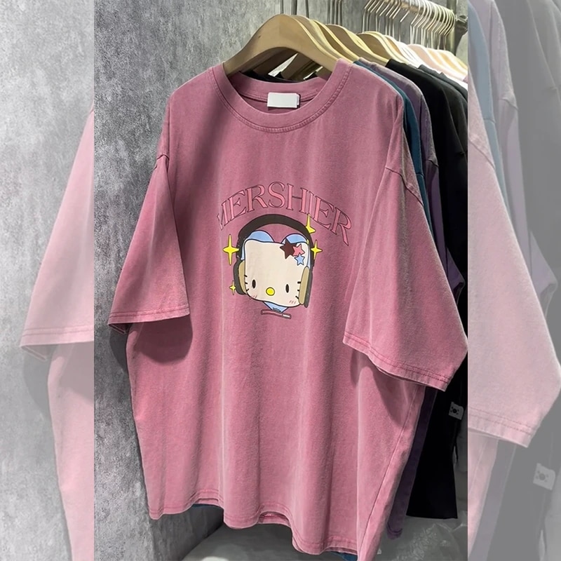 ダメージ加工大きめルーズピンク半袖tシャツサマーktプリントカジュアルトップス