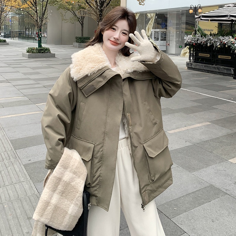 ミリタリーグリーンラムウールラージラペルパイジャケット2024新しいカジュアルワークウェア防風厚く暖かいジャケット