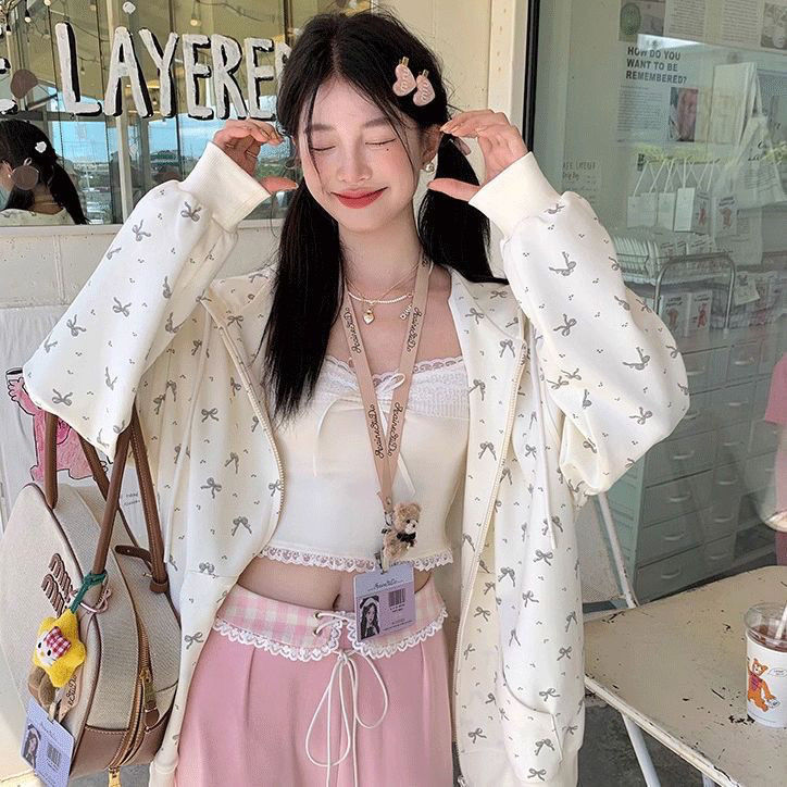 甘い花柄の2025フード付きカーディガン春と秋のスウェットシャツ女の子向けの新しいスタイル学生クリーム色のカジュアルなルーズジップアップジャケット