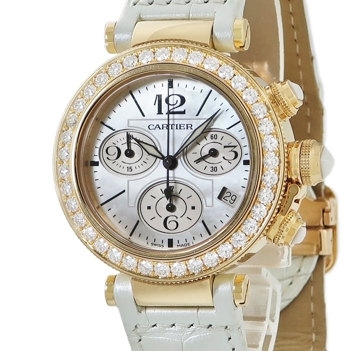 パシャ シータイマー レディ クロノグラフ WJ130009 クオーツ レディース K18YG無垢 純正ダイヤ シェル 3年保証