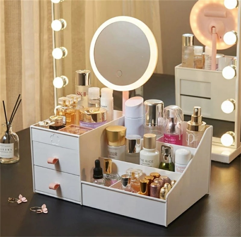【母の日】ミニドレッサー 化粧箱 メイクボックス 化粧品収納ボックス 引き出し 鏡付き LEDライトミラー 角度調整可能 無段階調光 卓上鏡台 USB充電 タッチ式 女の子 ピンク ホワイト 5,303円