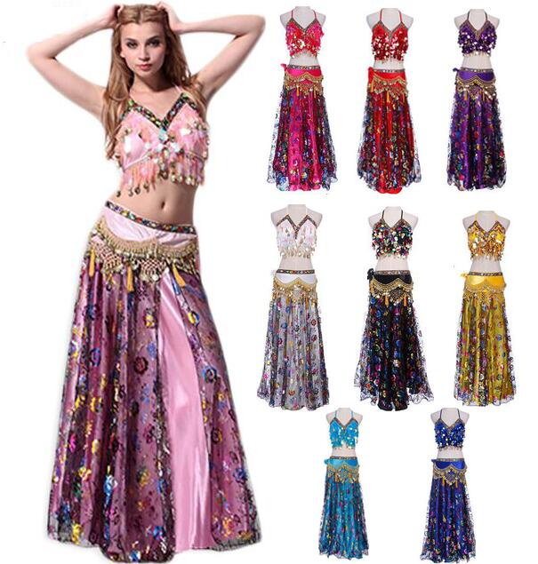 ベリーダンス衣装　3点セットアップ　レディース　スパンコール　ロング丈スカート　キラキラ豪華なベリーダンスウェア　ヒップスカーフ　9色　パーティーダンス　社交舞台ダンス衣装　レッスン着 文化祭 アラビ