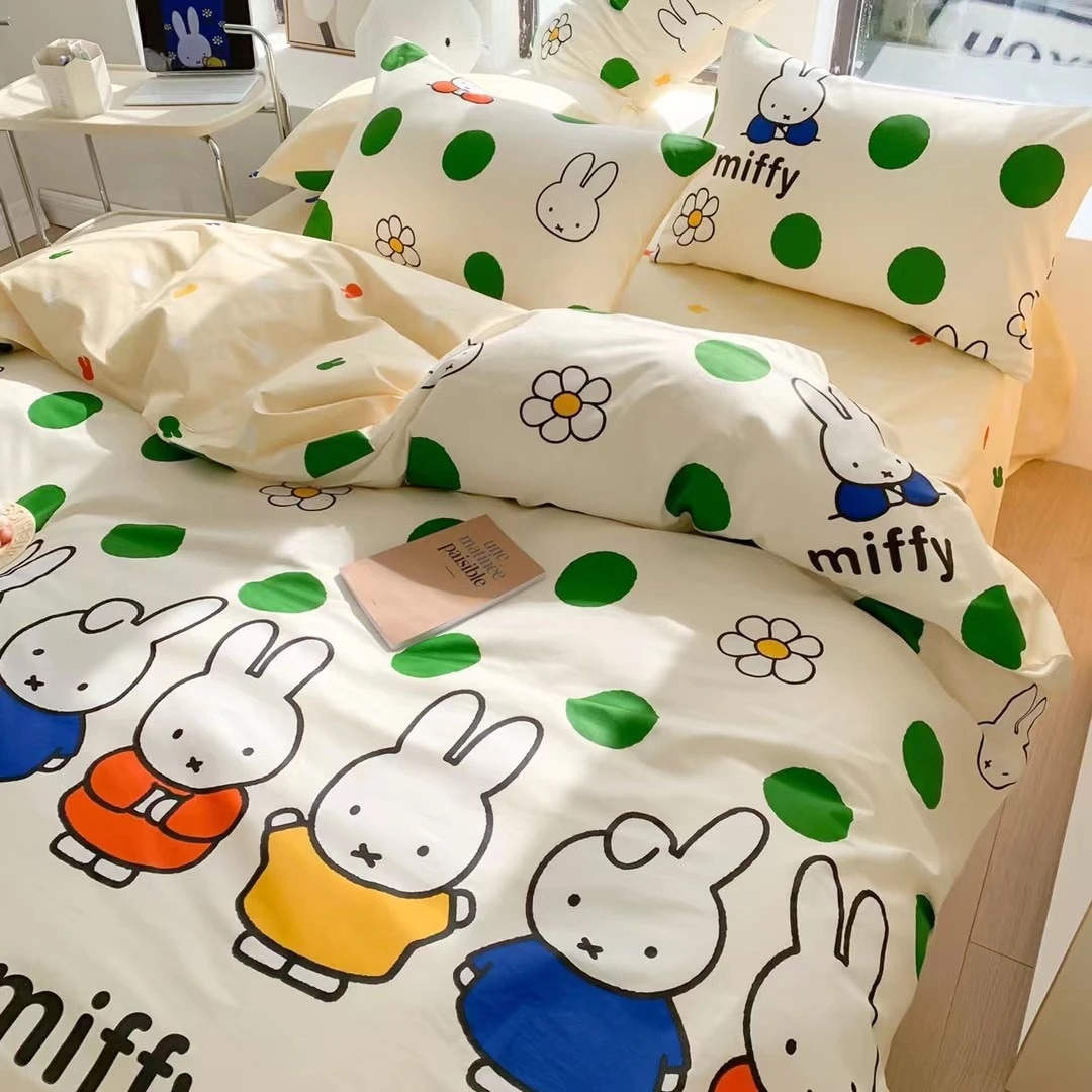 ミッフィー 布団カバーグリーン水玉ミッフィーバニー4点コットンドミトリーベッドシーツキルトセットセット1.5mボックスシーツ