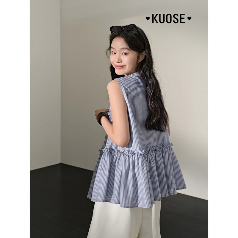 フラワーノースリーブ青い袖なしのストライプのキャミソールのシャツ夏の新型フリルのシャツのラブリー夏服上着