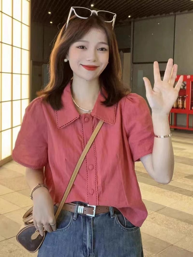 レディース トップス シャツ 前開き 半袖 パフスリーブ 襟付き フェミニン 前開き ボタン 薄手 リネン 綿 コットン 麻 かわいい カジュアル ラフ ガーリー ラブリー カレッジ風 学生風