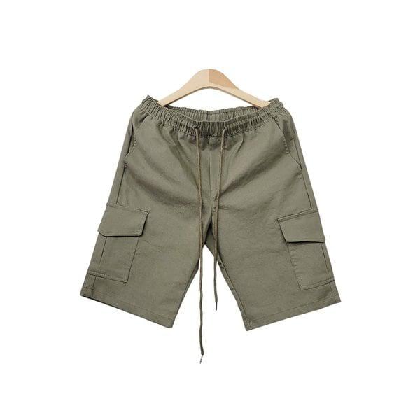 メンズ冷蔵庫パンツ リネンハーフパンツ 夏パンツ コットンハーフパンツ バンディングカーゴハーフパンツDJ-PTH-SJJMM678-ライトカーキ