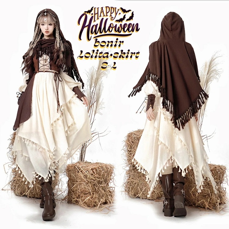 ハロウィン ロリータ ファンタジードレス 3点セット ブラウンホワイト フリンジケープ レースベスト 非対称スカート おしゃれ 耐久性 バットデザイン フード付き S M L エルフスタイル レディー