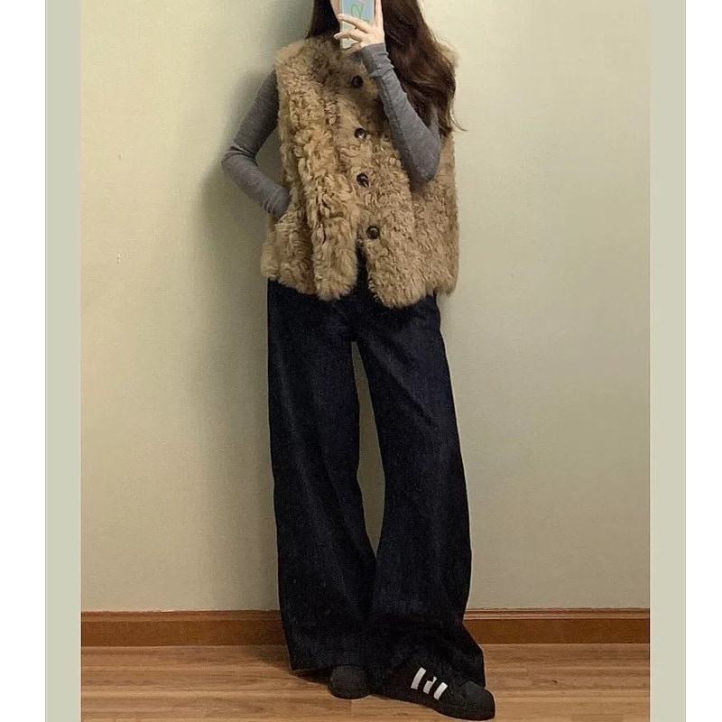 フェイクファーコート 韓国風 レイヤード ブラウン ベスト ラムウール 毛足 ふかふか ベスト 秋 アウター 2026 新作