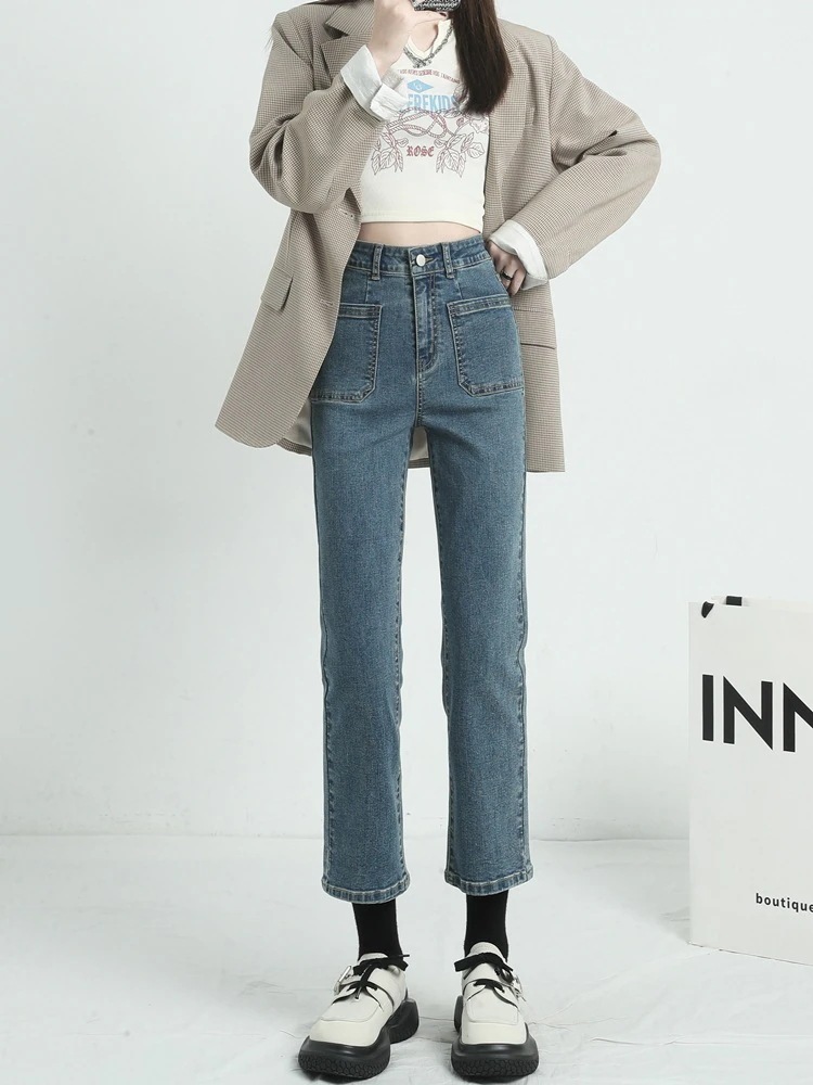 ハイウエストジーンズ女性ストレート新しい緩い小さな薄いレlトロ9分パンツ