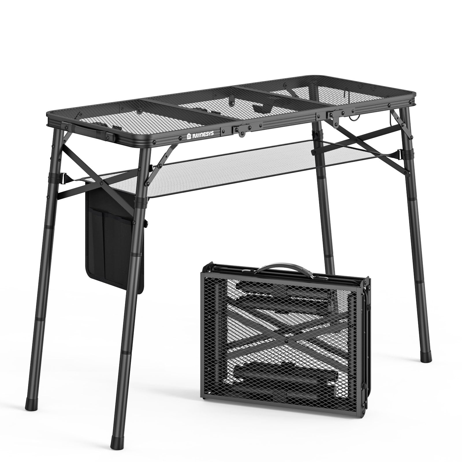 Raynesys キャンプテーブル 折りたたみ式 グリルテーブル アウトドア調理用 3段高さ調節27cm/50cm/70cm 天板サイズ90x40cm メッシュ収納袋付き アルミ製 耐熱コーティング