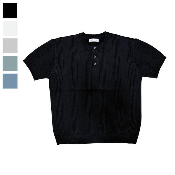 メンズ リブ編み ヘンリーネック 半袖 ニットTシャツ RB-KNH-Q093-ブラック