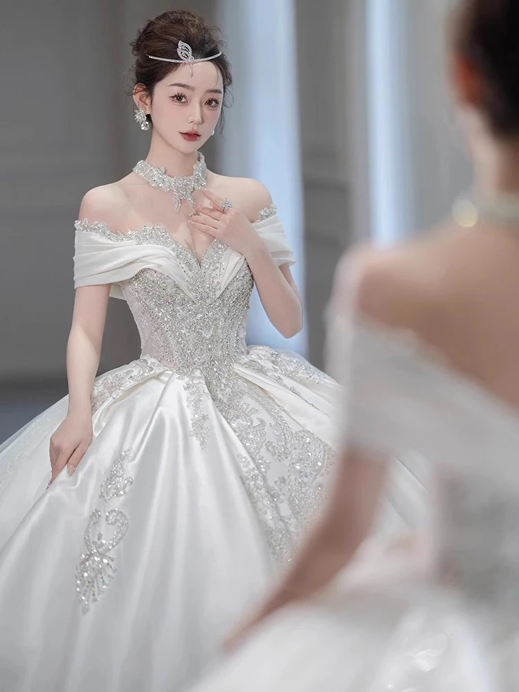 ウェディングドレス 2025 花嫁 ワンショルダー ウェディング メインベール サテン プリンセス ハイエンド テクスチャ プチ