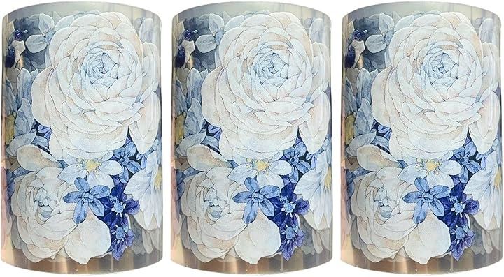 大輪 花 柄 マスキング テープ 薔薇 牡丹 PET デコレーション 手帳 DIY ギフト コラージュ (3巻（薔薇ブルー))