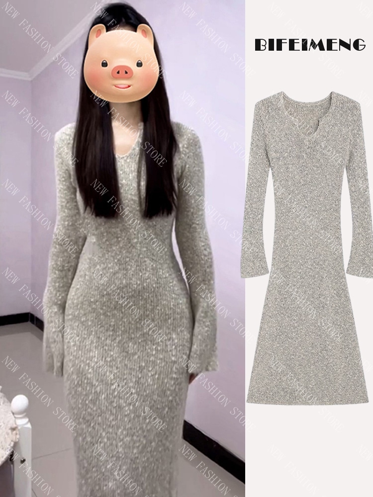 フレンチVネック長袖ニットワンピース秋の新作ロングスカート-70
