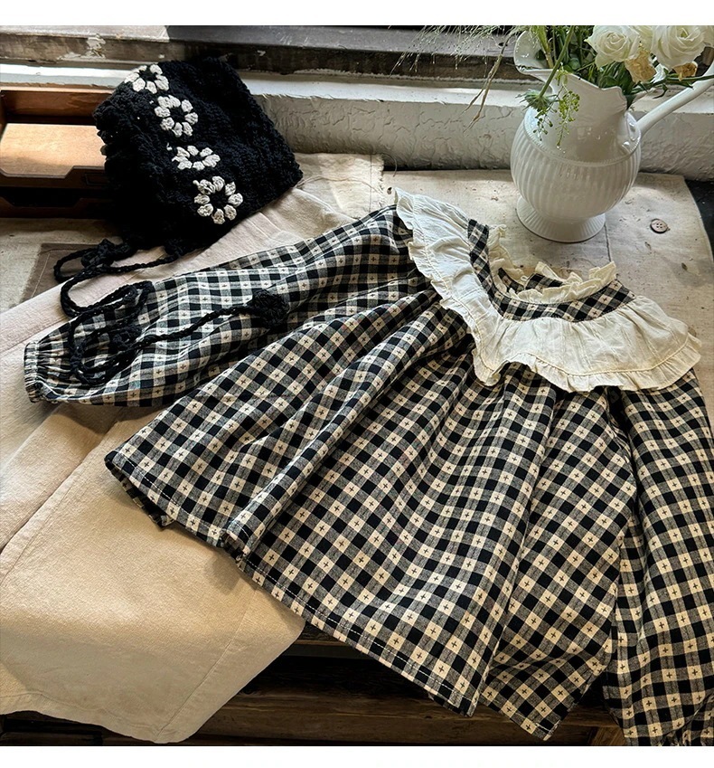 韓国子供服 秋の 女の子フリルブラウス子供チェックシャツ