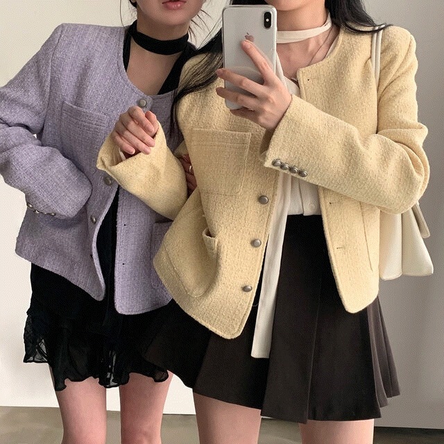 [春ツイード/モデル絶賛] ブレッシング ノーカラー パステル ツイード ジャケット - jk