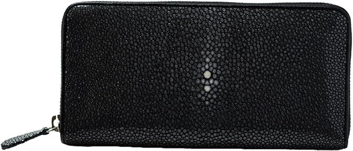 スティングレイ 長財布 大容量 本革 高級 エイ革 ラウンドファスナー 小銭 ポリッシュ 光沢 人気( ブラック)