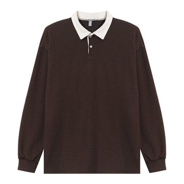 メンズオーバーフィット配色カラーネック長袖Tシャツ AC-KAA-Q001-ブラウン