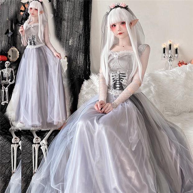 【一部分3日内出荷】ハロウィン衣装 レディース ワンピース 花嫁ゾンビ かわいい m l ll 仮装舞踏会 ロングドレス レーススリーブ 長袖ワンピース