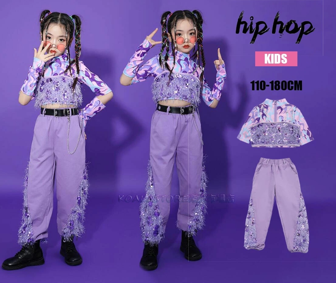 ファッションショー キッズヒップホップダンス衣装 JAZZ衣装 演出服 ステージ舞台衣装 へそ出し 女の子 チアガール 子供ダンス衣装 練習着 4点セット 長袖トップス 長ズボン ジャズダンス衣装 ベ