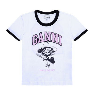 GANNI T4156 151 ウィッチロゴプリントコントラストレディースショートスリーブTシャツ 15,061円