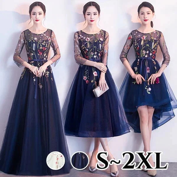 人気がある ロングドレス レディース パーティードレス ひざ丈 ミモレ丈 ファスナー 7分袖 袖あり ラウンドネック 花レース シースルー 透け感 結婚式 母親 ドレス ワンピース ピアノ発表会 演奏