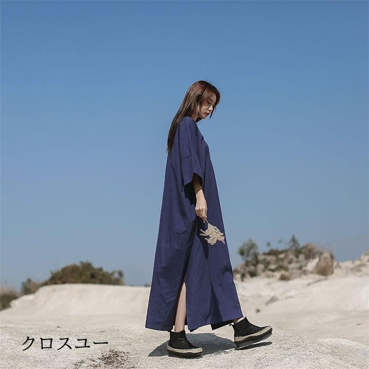 ロングワンピース コットンリネン ワンピース Vネック 綿麻混ワンピース 春 ワンピース 大きいサイズ 体型カバー スリット 無地 30代 40代